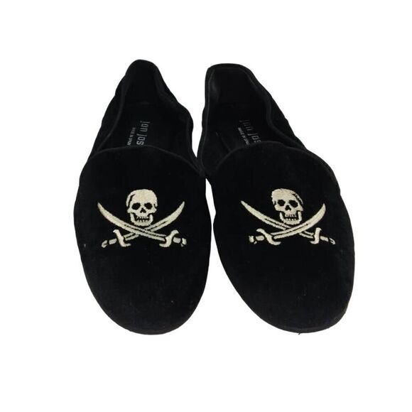 Jon Josef Designer Women's Pre-owned Gatsby Skull Black Velvet Flats - sz. 5 1/2 - Picture 2 of 5